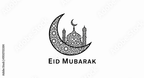 Stylized crescent moon cradles an ornate mosque silhouette, with "Eid Mubarak" below