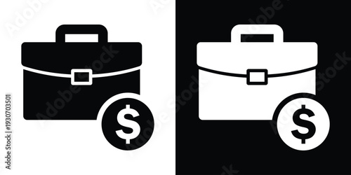 Business briefcase icon paired with a dollar sign coin. Represents investment, budget, financial portfolio, salary, and profit. Black and white professional money concept.