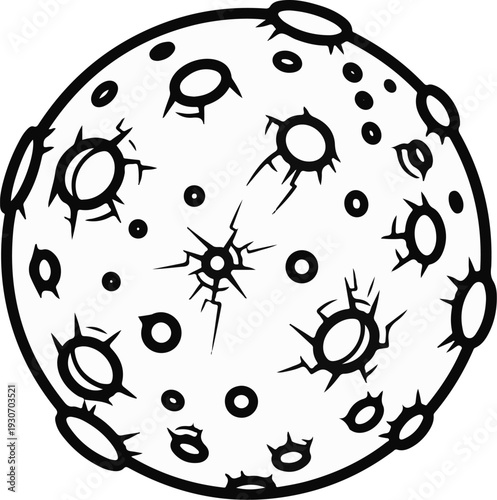 Stylized graphic of a celestial body with craters and cracks