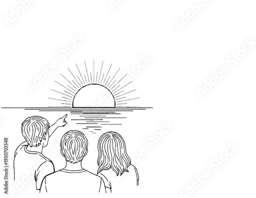 Three people gaze at a rising sun over a reflective ocean