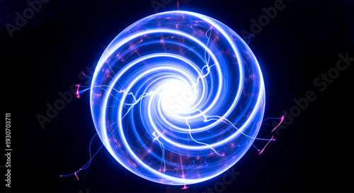A luminous spiral pattern with neon blue and purple lights swirling around a central bright point creating an abstract futuristic design with dynamic motion and energy