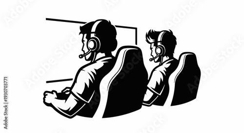 Two gamers in headsets focused on a screen in a dynamic illustration
