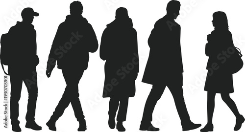 Silhouettes of diverse people walking in the street with backpacks and casual clothing for urban lifestyle commuting and outdoor city pedestrian activity concept
