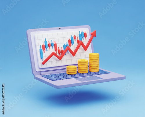 Business analytics on laptop screen with stock market chart and coins showing financial progress and investment growth trending upwards for successful trading and profit