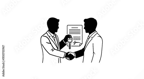 Two men in suits shake hands, one handing a key over a signed contract