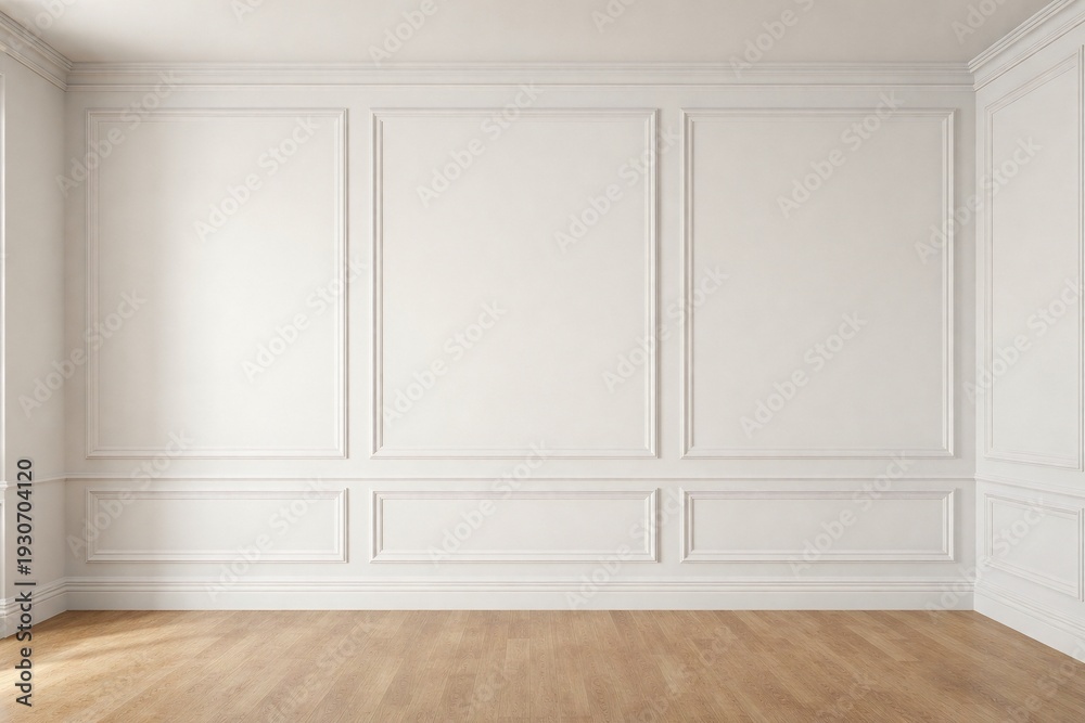 Fototapeta premium Classic White Paneled Wall Interior with Wooden Floor and Elegant Residential Design