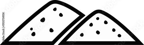 Two stylized triangular piles of granular material with black dots
