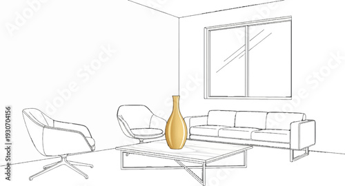 Stylized line drawing of a modern living room with a sofa, chairs, and vase