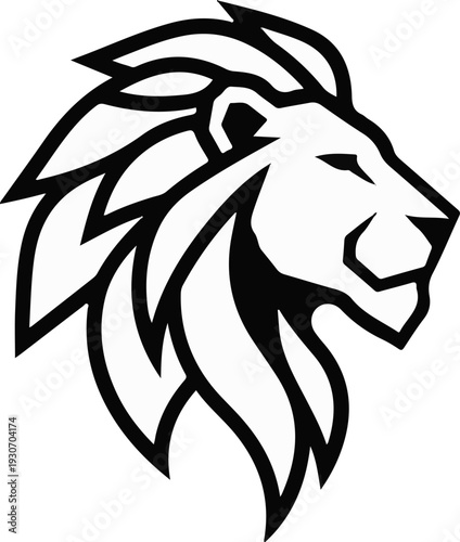 Stylized lion head in profile, bold black lines on white background