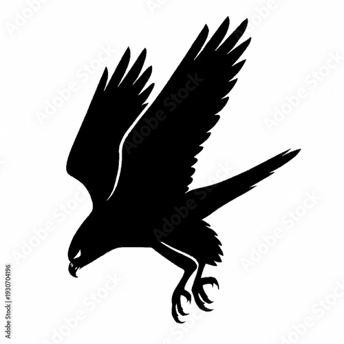 Minimalist black eagle silhouette diving against a plain white background