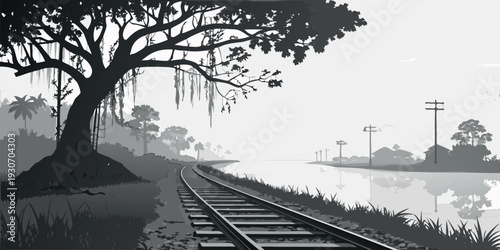 Grayscale Vector Illustration of a Winding Railway Beside a River with Ancient Banyan Tree Silhouettes