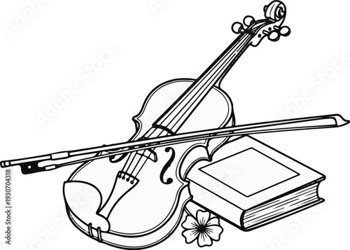 Violin with bow, book, and flower illustration