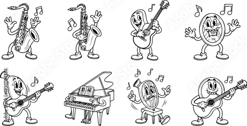 Whimsical characters play musical instruments, dancing to the rhythm with musical notes