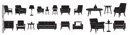 set of silhouettes of various furniture icon on white