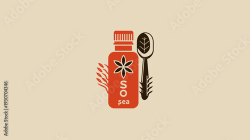 A simple, minimalist illustration with a bottle, a spoon, and plant elements on a muted backdrop