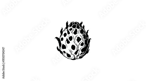 Black and white illustration of an oval fruit with dark spots and spiky protrusions, on a white background