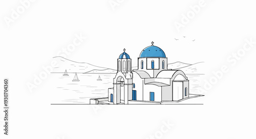 White church with blue domes on a coastline with sailboats and distant hills
