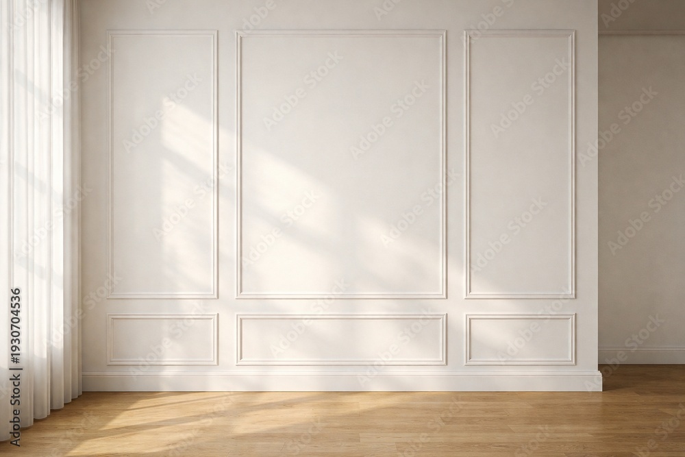 Fototapeta premium Sunlit Classic White Paneled Wall Interior with Sheer Curtains and Wooden Floor