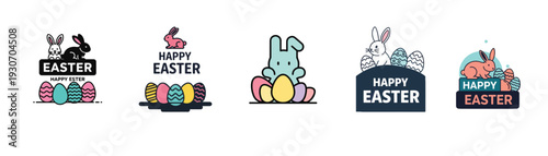 A collection of five unique Easter themed elements displaying various rabbits and an assortment of colorful eggs suitable for spring season branding