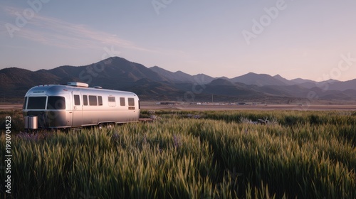 A silver trailer in a field, with mountains in the background under a dusky sky