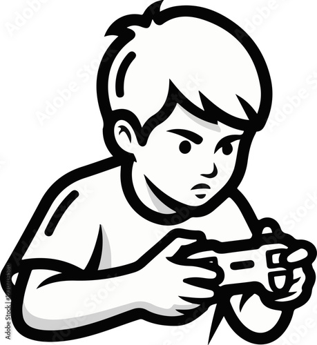 Young boy intensely focused on playing video games with a controller