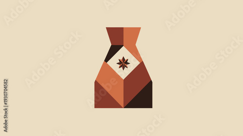 Geometric illustration featuring a stylized vessel in earthy tones, with a central starburst