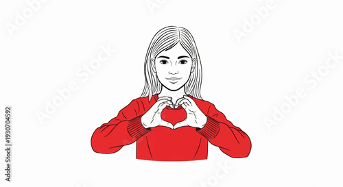 Young girl in a red sweater forming a heart shape with her hands