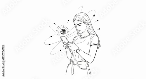 Young woman engrossed in her smartphone, surrounded by orbital lines and dots