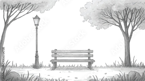 A black and white pencil sketch of a peaceful park scene with a wooden park bench centered between two bare trees (1)_traced