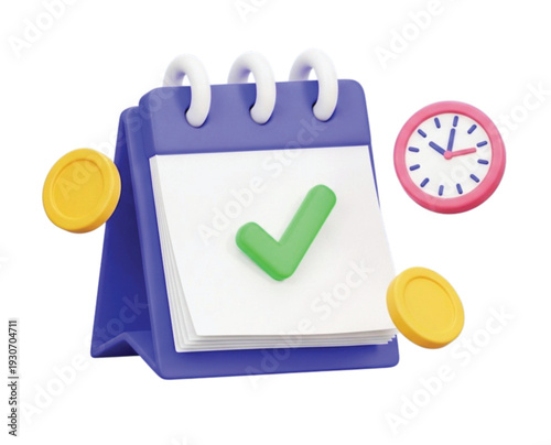 Calendar with check mark and clock coin symbols indicating scheduled tasks timely completion and financial planning for business or personal appointments and important dates