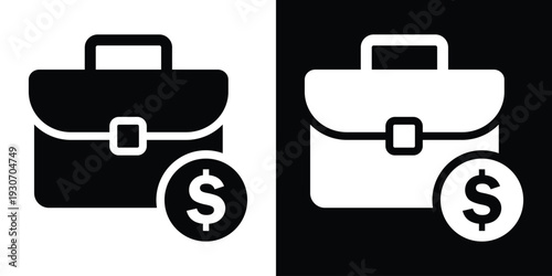 Business briefcase icon paired with a dollar sign coin. Represents investment, budget, financial portfolio, salary, and profit. Black and white professional money concept.