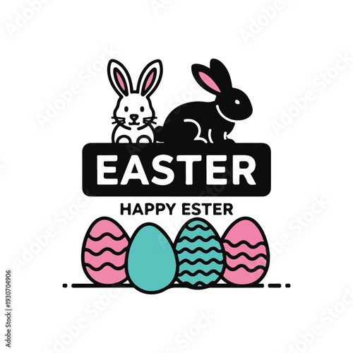 Seasonal spring design with two different rabbits and multiple decorated patterned eggs suitable for holiday greetings and festive content