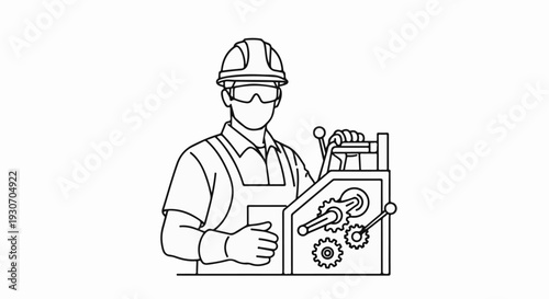 Worker in protective gear operating machinery with visible gears and levers