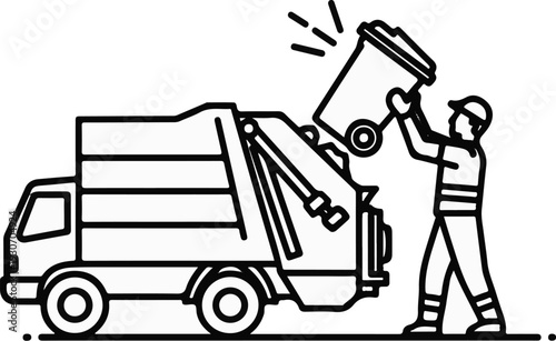 Worker empties trash bin into garbage truck