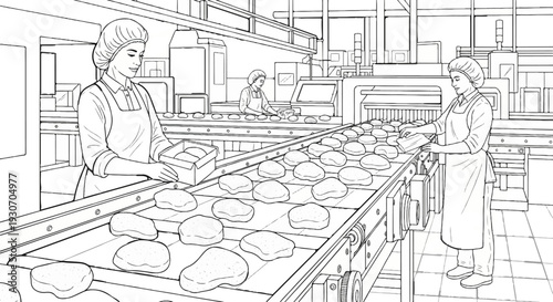 Workers in food factory packaging goods on conveyor belt