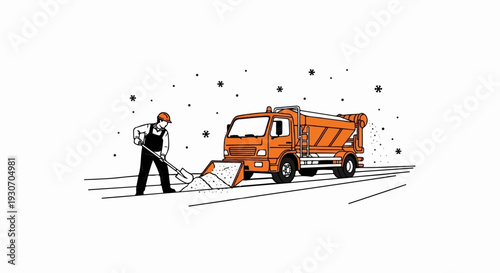 Worker shoveling snow near a salting truck during snowfall