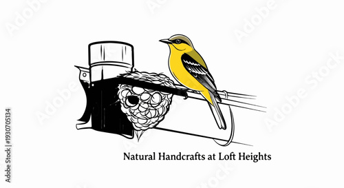 Yellow bird perches on a branch next to a nest and abstract object