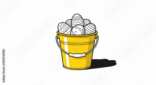 Yellow bucket filled with patterned Easter eggs casting a shadow