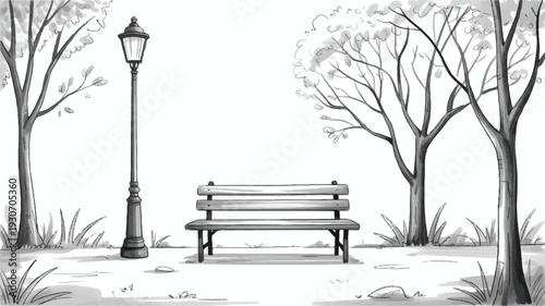 A black and white pencil sketch of a peaceful park scene with a wooden park bench centered between two bare trees (4)_traced