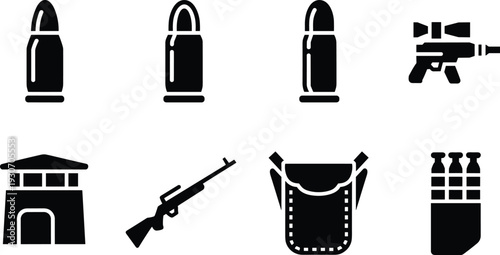 Black and White Military Icon Set with Bullets Guns Guard Tower Tactical Vest and Ammunition Silhouettes