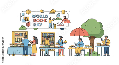 Illustration of people celebrating World Book Day with books and reading-related activities under a tree and a sign with colorful decorations.