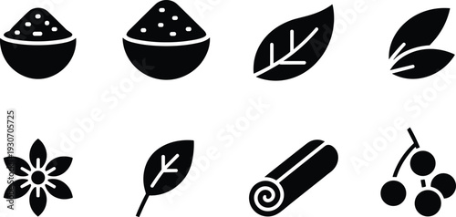 Black and White Organic Food and Spice Icon Set with Leaves Bowl Cinnamon Flower and Cherries