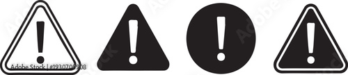 Collection of warning symbols featuring exclamation marks in various triangular and circular shapes and designs