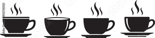 Collection of four black coffee cup silhouettes with steam rising from each one on a white background