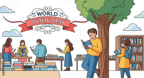 Illustration of diverse people reading and browsing books on World Book Day in a library with a tree and bookshelves