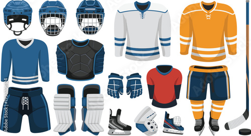 Ice Hockey Equipment Set Including Helmets Jerseys Pads Gloves Skates Stick Puck and Protective Gear Illustration Collection