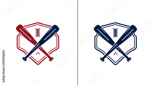 A pair of crossed bats with a stitching design, within a shield outline, in two different color schemes