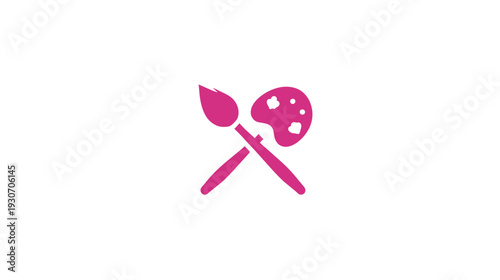 A pink paint brush and palette icon, crossed in the center of a white background