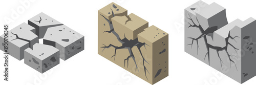 Isometric 3D Illustration of Cracked Concrete Blocks Damaged Brick Wall and Fractured Stone Structure Set