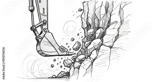 Excavator Digging into Rocky Terrain.